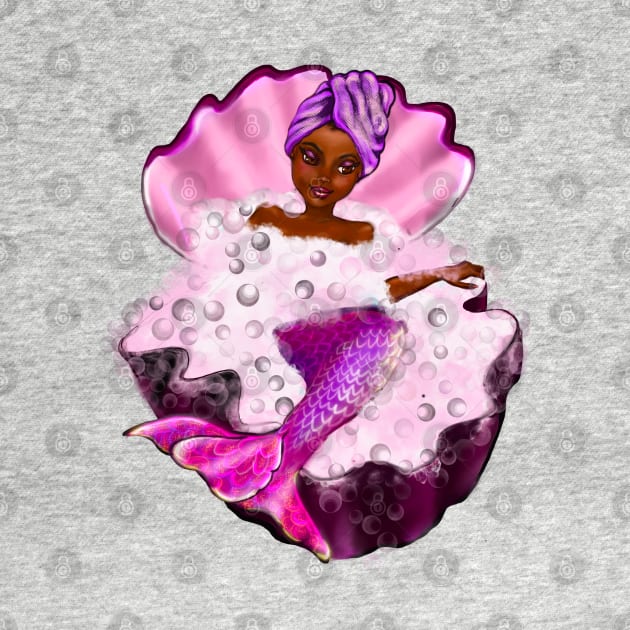 Mermaid spa day in Oyster clam shell 3 - Black anime mermaid in bubble bath. Pretty black girl with Afro hair, green eyes, Cherry pink lips and dark brown skin. Hair love ! by Artonmytee